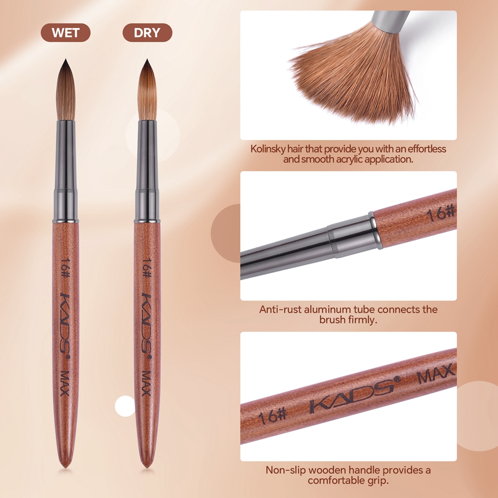 KADS Kolinsky Acrylic Nail Brush – Crimped, Red Wood Handle, Sizes 2-18 – For Acrylic Powder